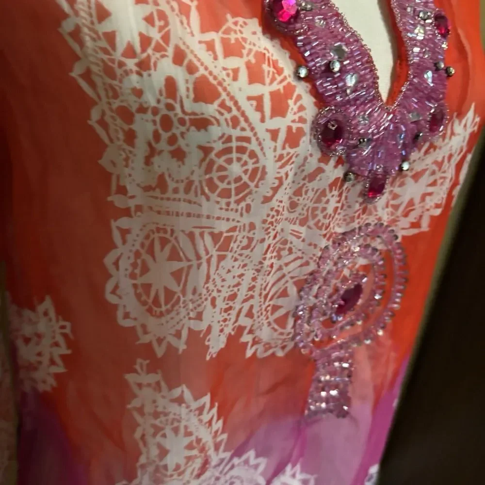 Cute Options Swimsuit Cover Beaded 3/4 Sleeve‎ Semi-Sheer Lightweight Size Small